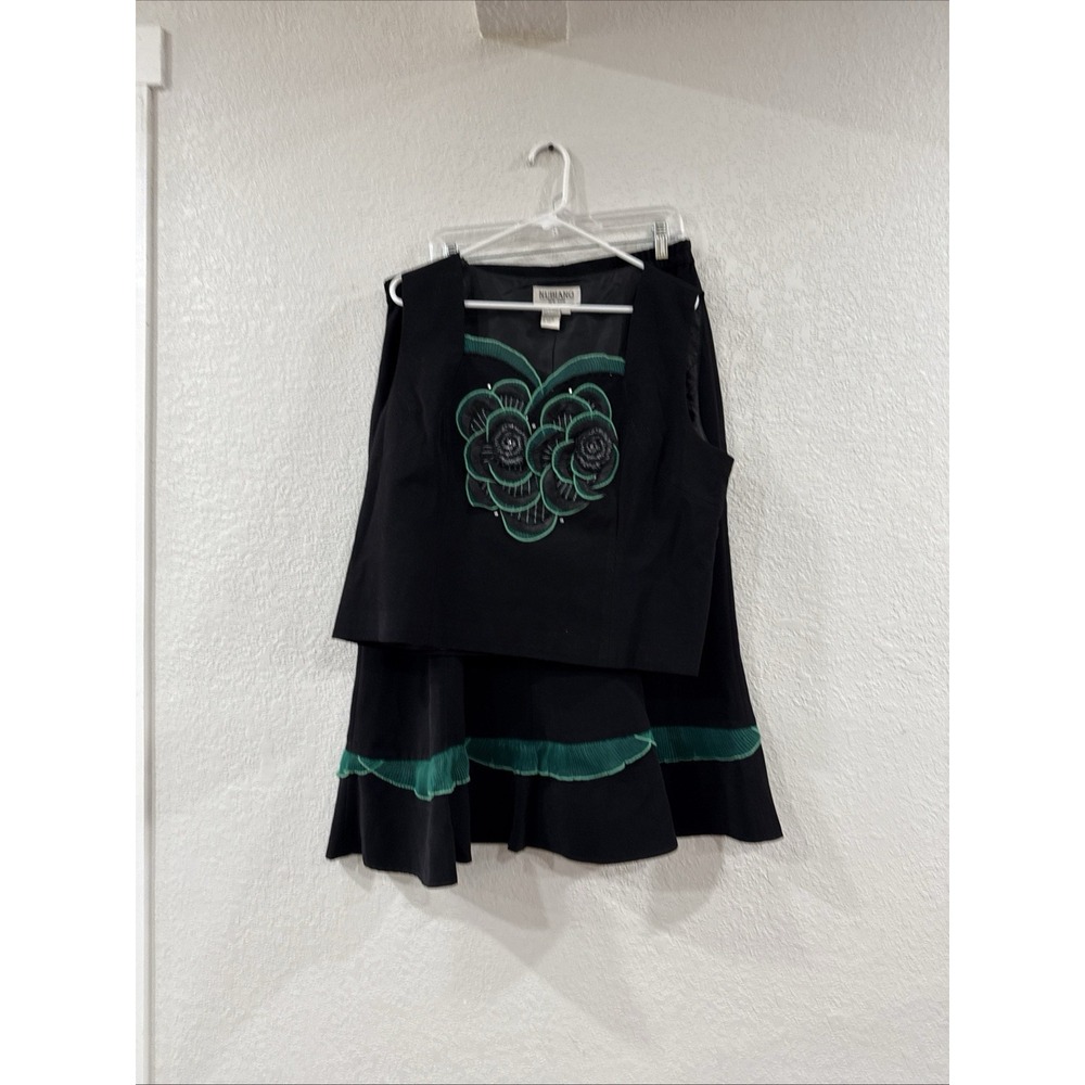 Nubiano New York 3 Piece Suit Jacket Top Skirt Black/Green Floral Sz 16
